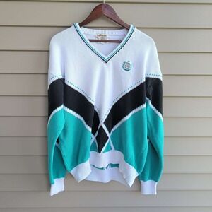 La Mode V-Neck Sweater Mens XL White Teal Black Geometric Handknit Cotton